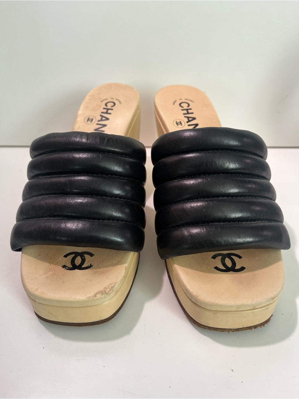 CHANEL Black Quilted Slide Mules with Signature CC